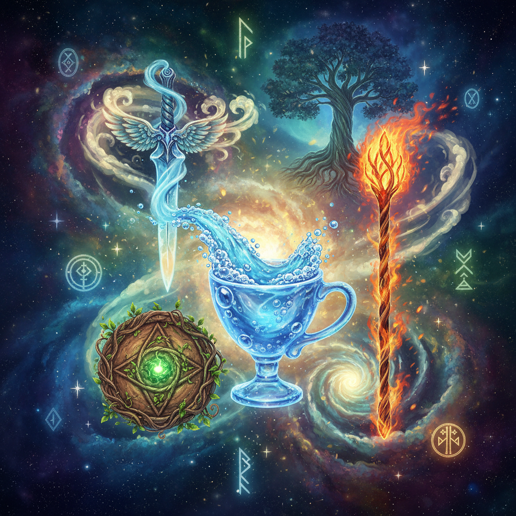 Image de l'article Les 4 Éléments dans le Tarot : Bâtons, Coupes, Épées, Deniers